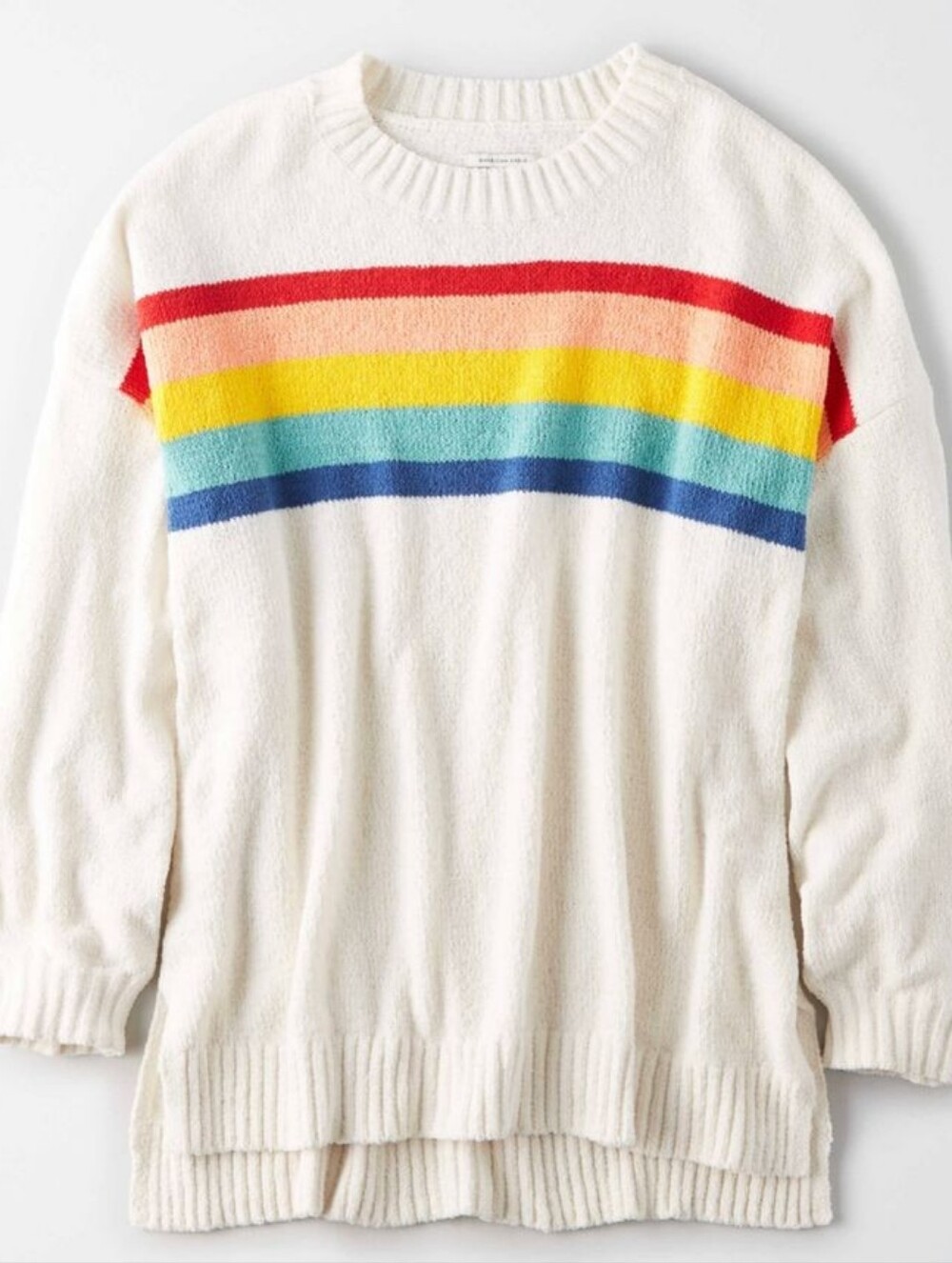 AEO Cozy Light Gray Oversized Chenelle Rainbow Stripe Crewneck Sweater Size XS/S